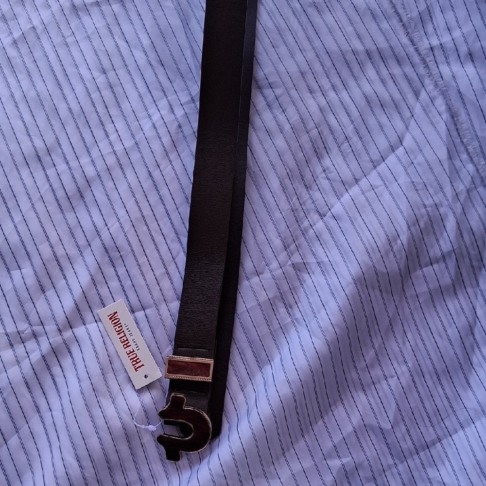 True Religion Black Leather Men's Belt with Branded Buckle